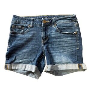 SO Womens Jean Shorts Size 7 Low Rise Midi Blue Denim Rolled Cuff Dark Wash 3654